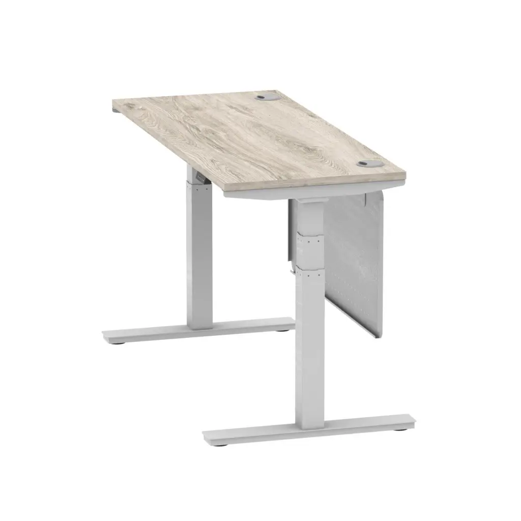 Air Modesty 1400 x 600mm Height Adjustable Office Desk With Cable Ports Grey Oak Finish Silver Frame With Silver Steel Modesty Panel - HA01418