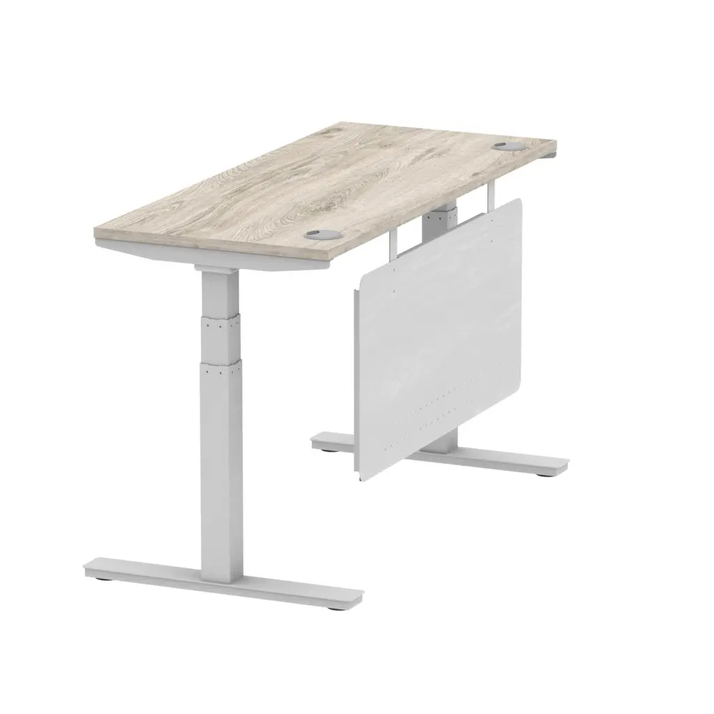 Air Modesty 1400 x 600mm Height Adjustable Office Desk With Cable Ports Grey Oak Finish Silver Frame With Silver Steel Modesty Panel - HA01418