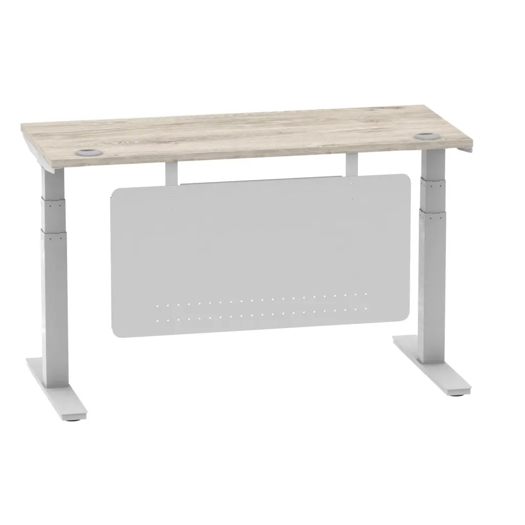 Air Modesty 1400 x 600mm Height Adjustable Office Desk With Cable Ports Grey Oak Finish Silver Frame With Silver Steel Modesty Panel - HA01418