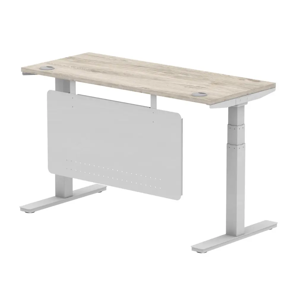 Air Modesty 1400 x 600mm Height Adjustable Office Desk With Cable Ports Grey Oak Finish Silver Frame With Silver Steel Modesty Panel - HA01418