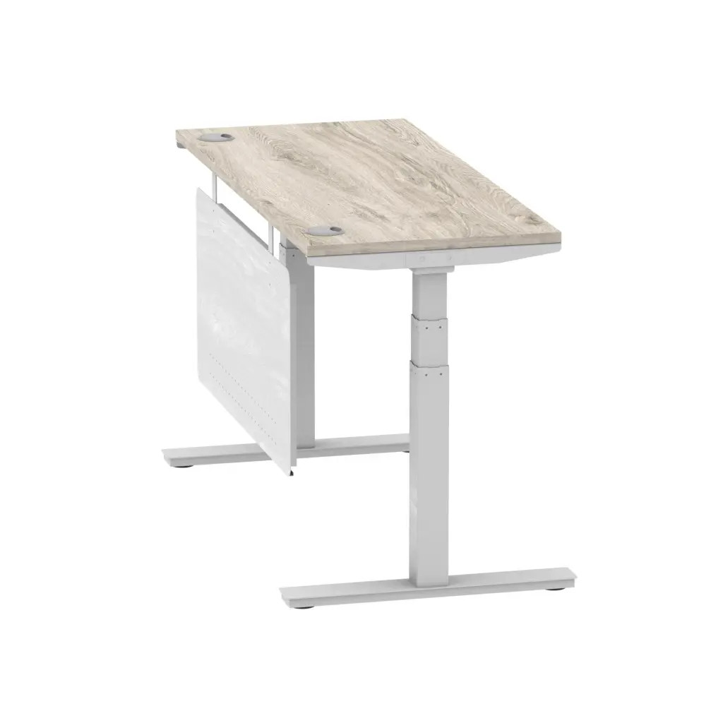 Air Modesty 1400 x 600mm Height Adjustable Office Desk With Cable Ports Grey Oak Finish Silver Frame With Silver Steel Modesty Panel - HA01418