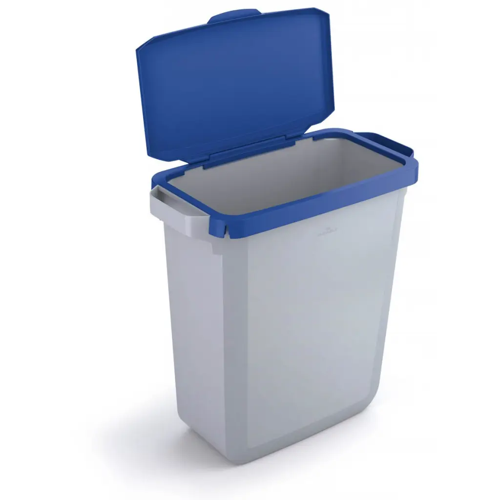 Durable DURABIN Plastic Waste Recycling Bin 60 Litre Grey with Blue Hinged Lid & Black A5 DURAFRAME Self-Adhesive Sign Holder - VEH2023007