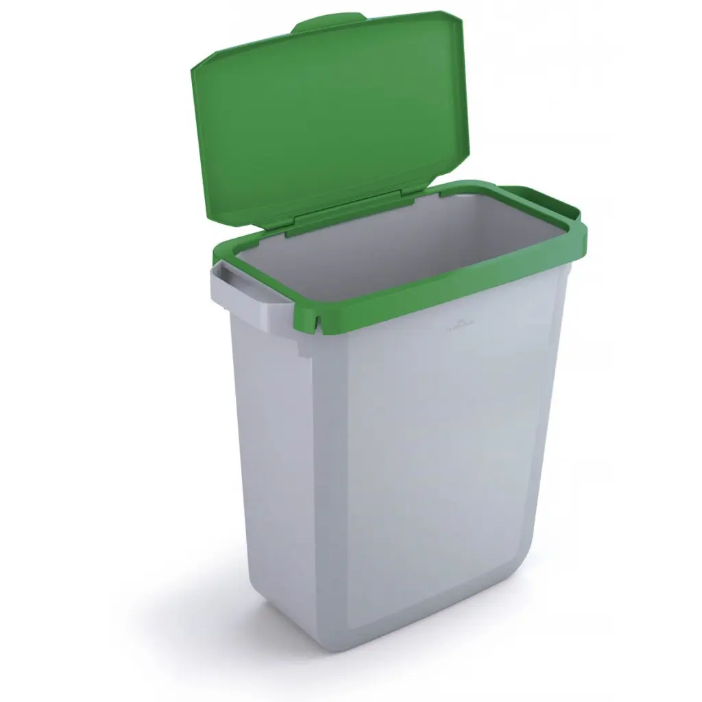 Durable DURABIN Plastic Waste Recycling Bin 60 Litre Grey with Green Hinged Lid & Black A5 DURAFRAME Self-Adhesive Sign Holder - VEH2023006