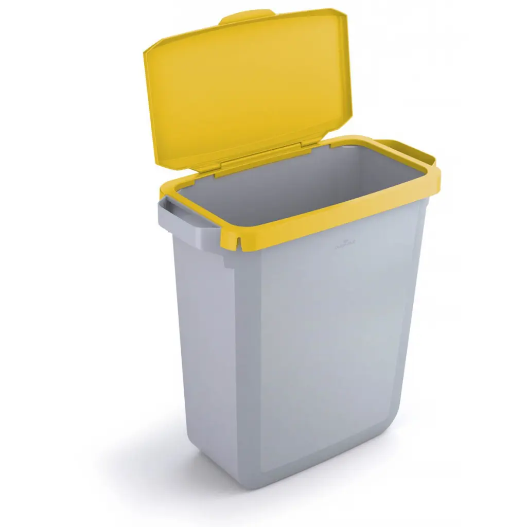 Durable DURABIN Plastic Waste Recycling Bin 60 Litre Grey with Yellow Hinged Lid & Black A5 DURAFRAME Self-Adhesive Sign Holder - VEH2023005