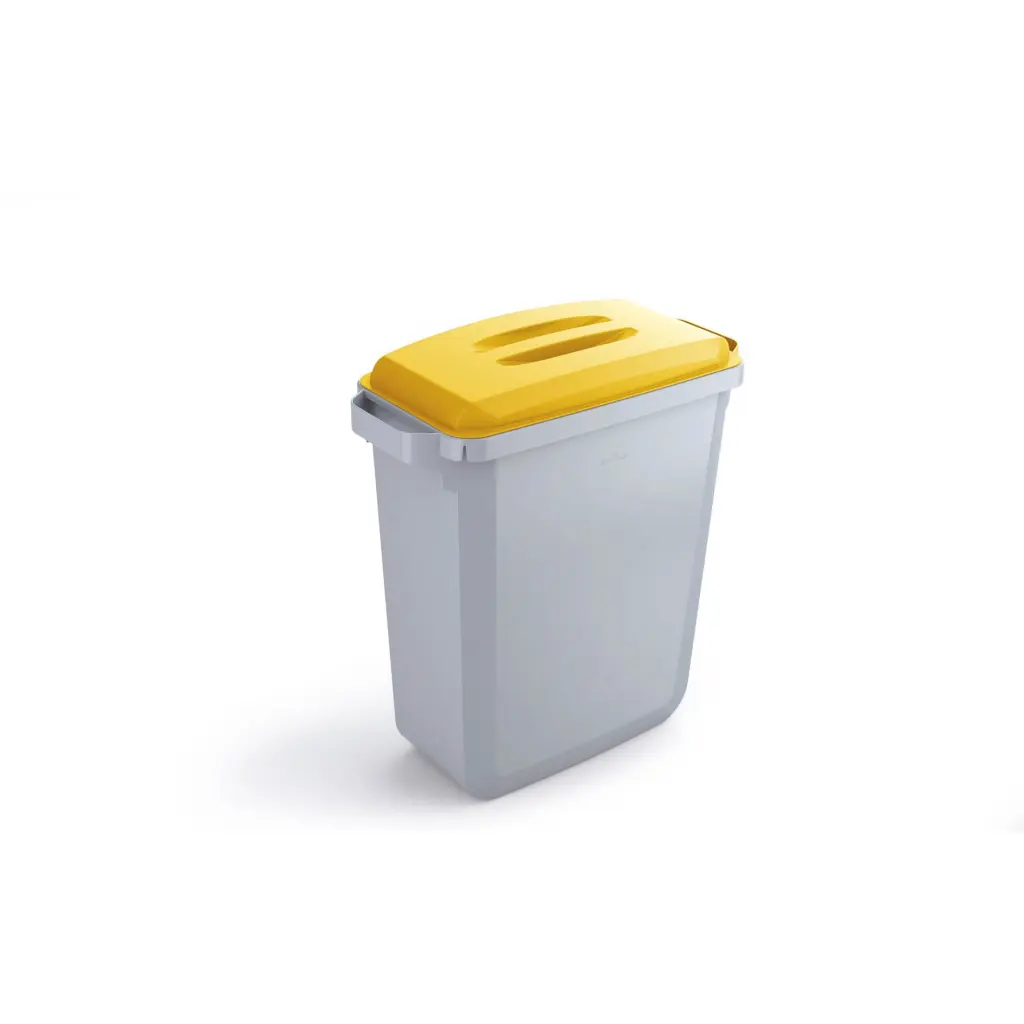 Durable DURABIN Plastic Waste Recycling Bin 60 Litre Grey with Yellow Lid & Black A5 DURAFRAME Self-Adhesive Sign Holder - VEH2023001