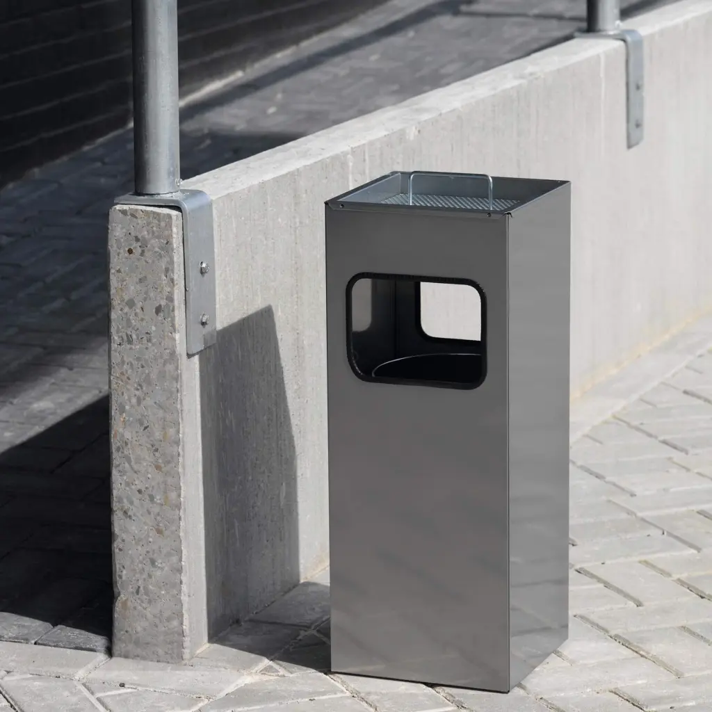 Durable Metal Waste Bin Square 17 Litre with integrated 2L Ashtray Includes 1.5kg Sand Charcoal - 333058