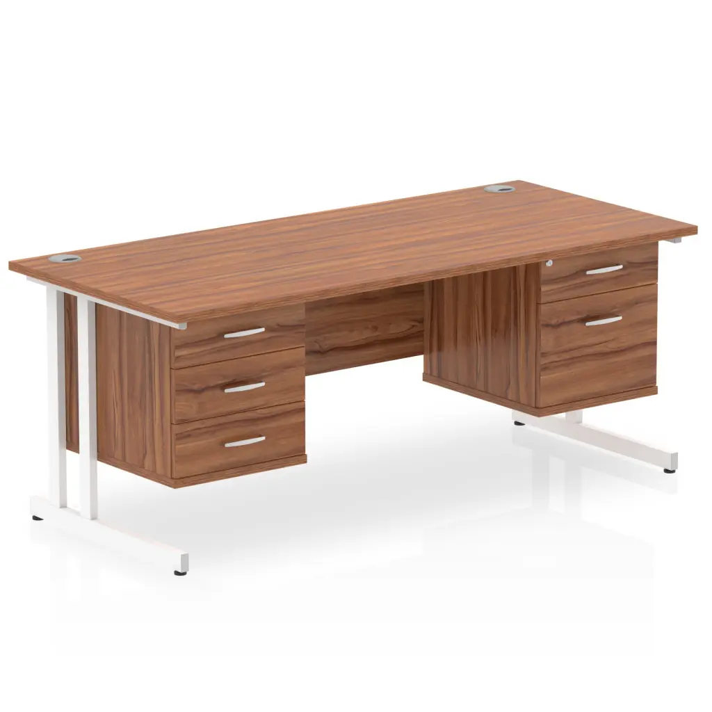 Dynamic Impulse W1800 x D800 x H730mm Straight Office Desk Cantilever Leg With 1x2 & 1x3 Drawer Fixed Pedestal Walnut Finish White Frame - MI001958