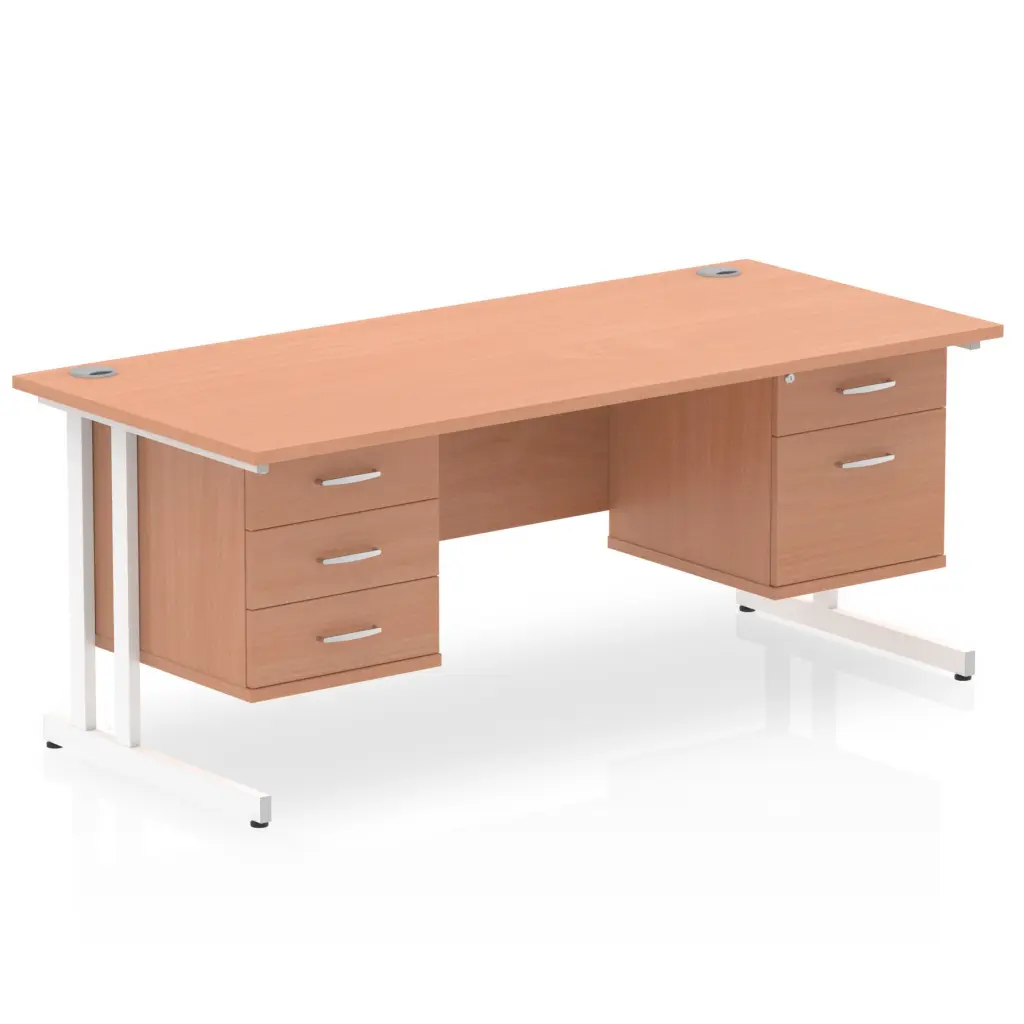 Dynamic Impulse W1800 x D800 x H730mm Straight Office Desk Cantilever Leg With 1x2 & 1x3 Drawer Fixed Pedestal Beech Finish White Frame - MI001727