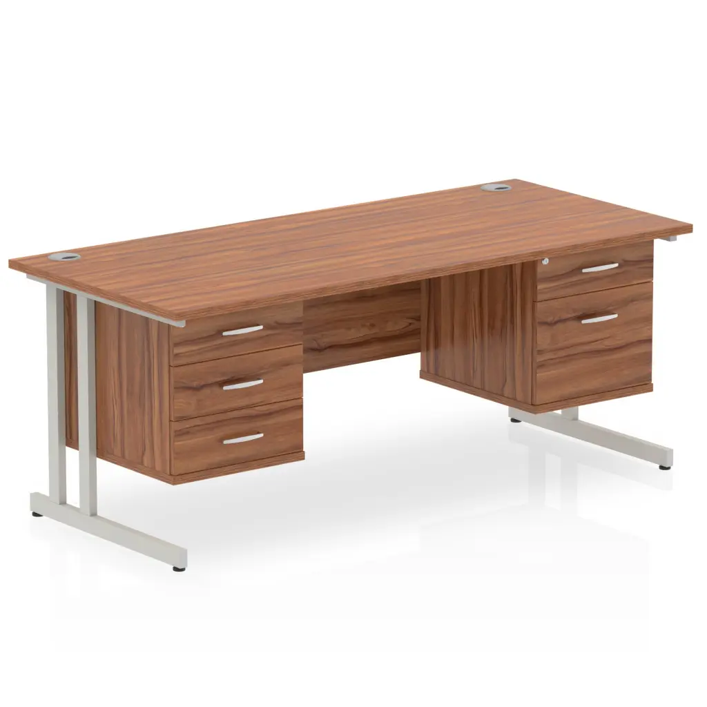 Dynamic Impulse W1800 x D800 x H730mm Straight Office Desk Cantilever Leg With 1x2 & 1x3 Drawer Fixed Pedestal Walnut Finish Silver Frame - MI001954