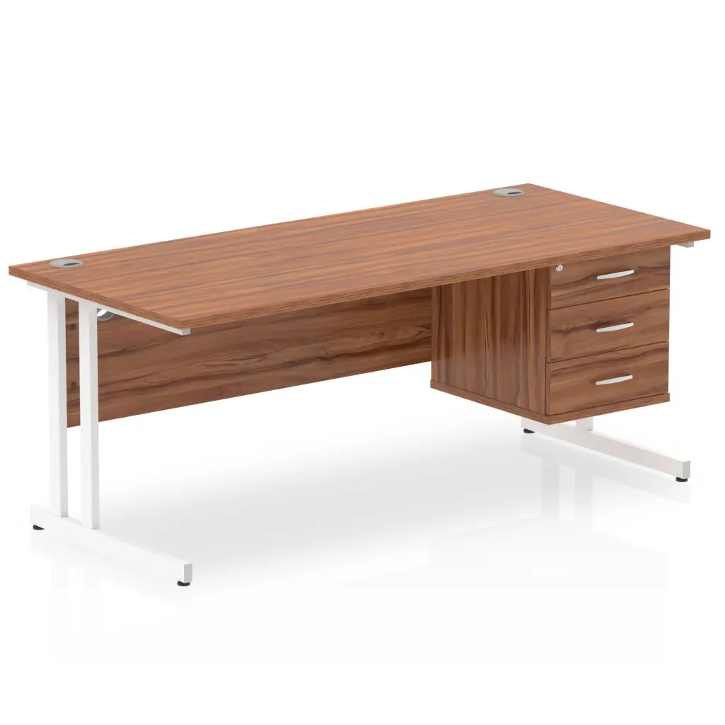 Dynamic Impulse W1800 x D800 x H730mm Straight Office Desk Cantilever Leg With 1 x 3 Drawer Single Fixed Pedestal Walnut Finish White Frame - MI001934