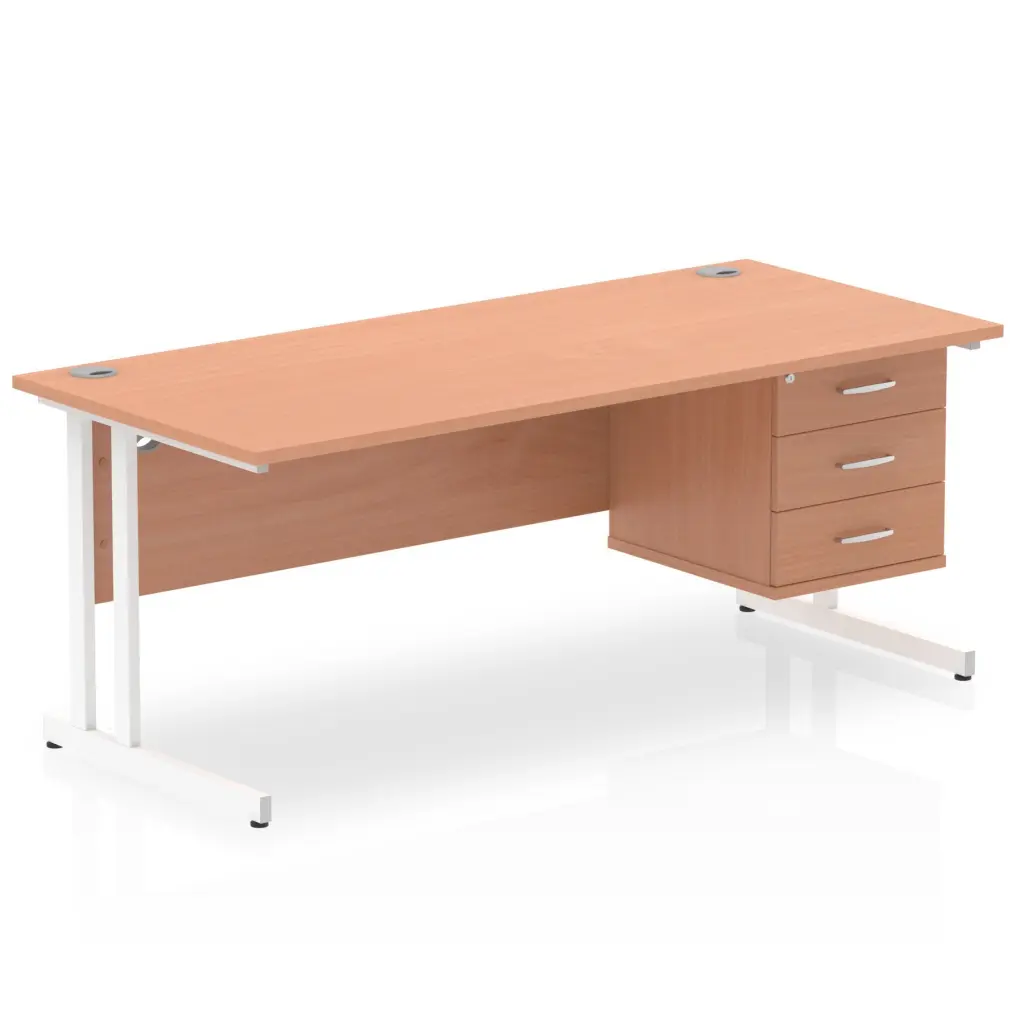 Dynamic Impulse W1800 x D800 x H730mm Straight Office Desk Cantilever Leg With 1 x 3 Drawer Single Fixed Pedestal Beech Finish White Frame - MI001703