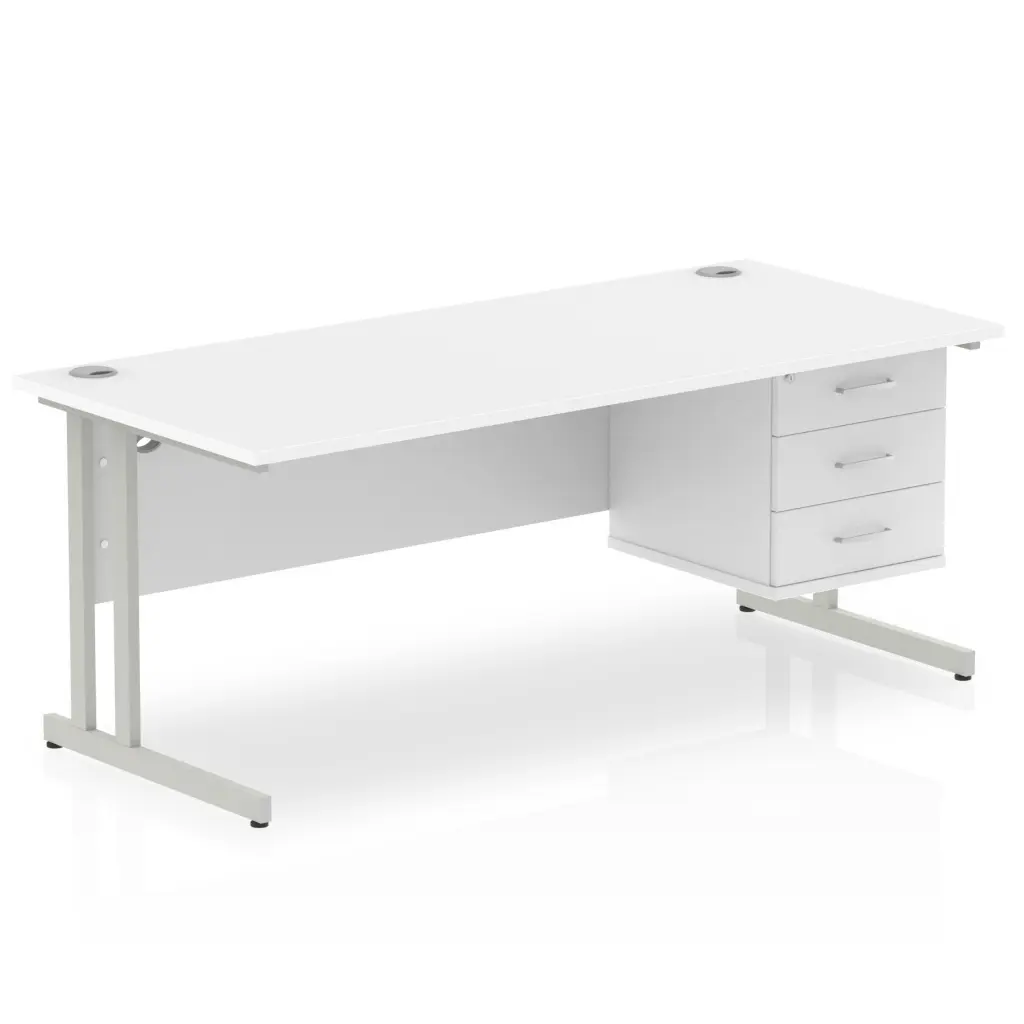 Dynamic Impulse W1800 x D800 x H730mm Straight Office Desk Cantilever Leg With 1 x 3 Drawer Single Fixed Pedestal White Finish Silver Frame - MI002216