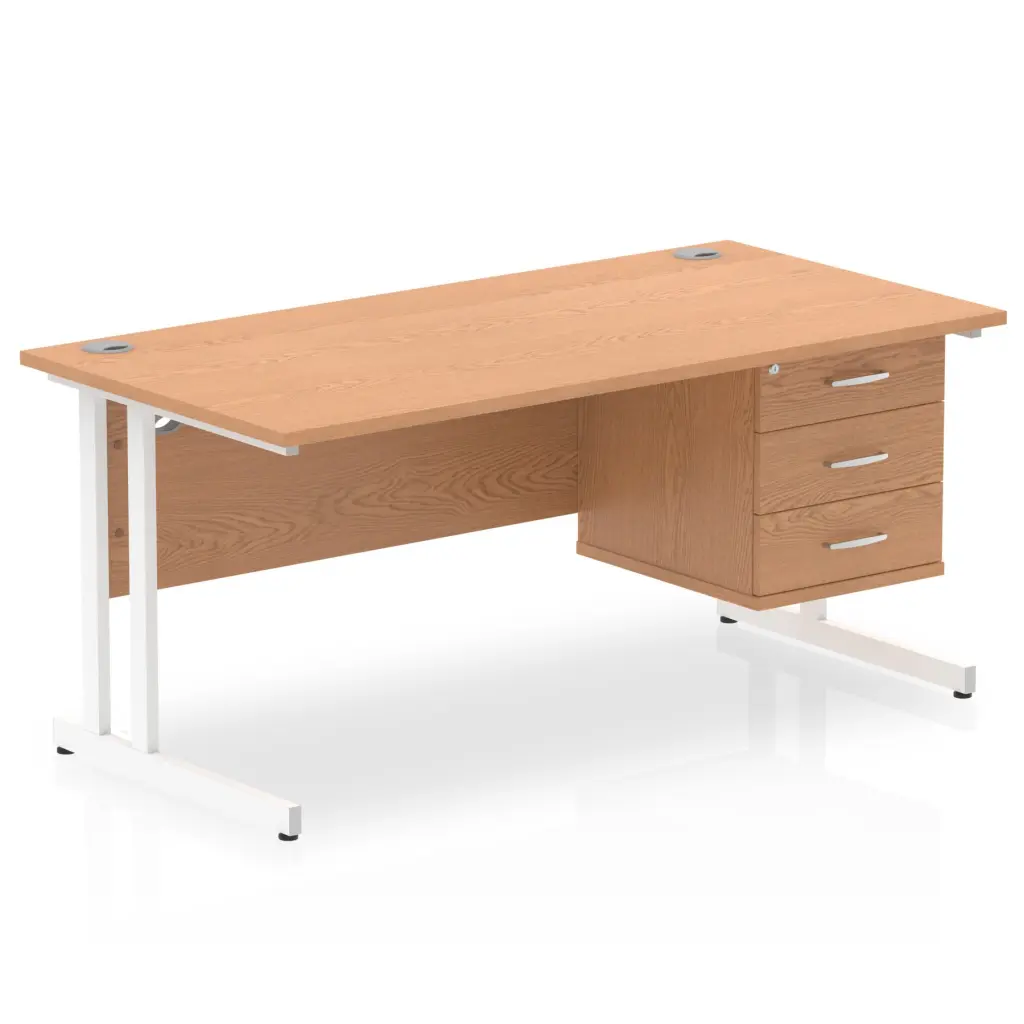 Dynamic Impulse W1600 x D800 x H730mm Straight Office Desk Cantilever Leg With 1 x 3 Drawer Single Fixed Pedestal Oak Finish White Frame - MI002671