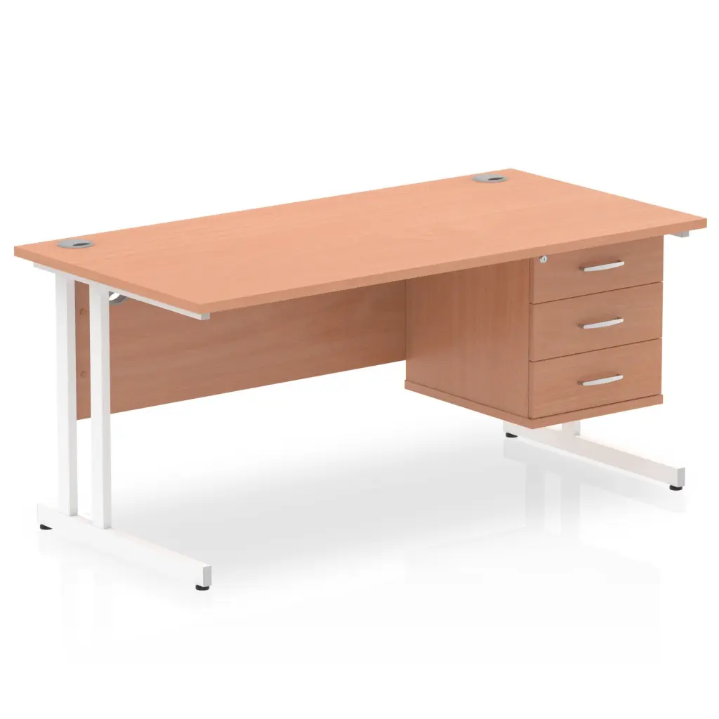 Dynamic Impulse W1600 x D800 x H730mm Straight Office Desk Cantilever Leg With 1 x 3 Drawer Single Fixed Pedestal Beech Finish White Frame - MI001702