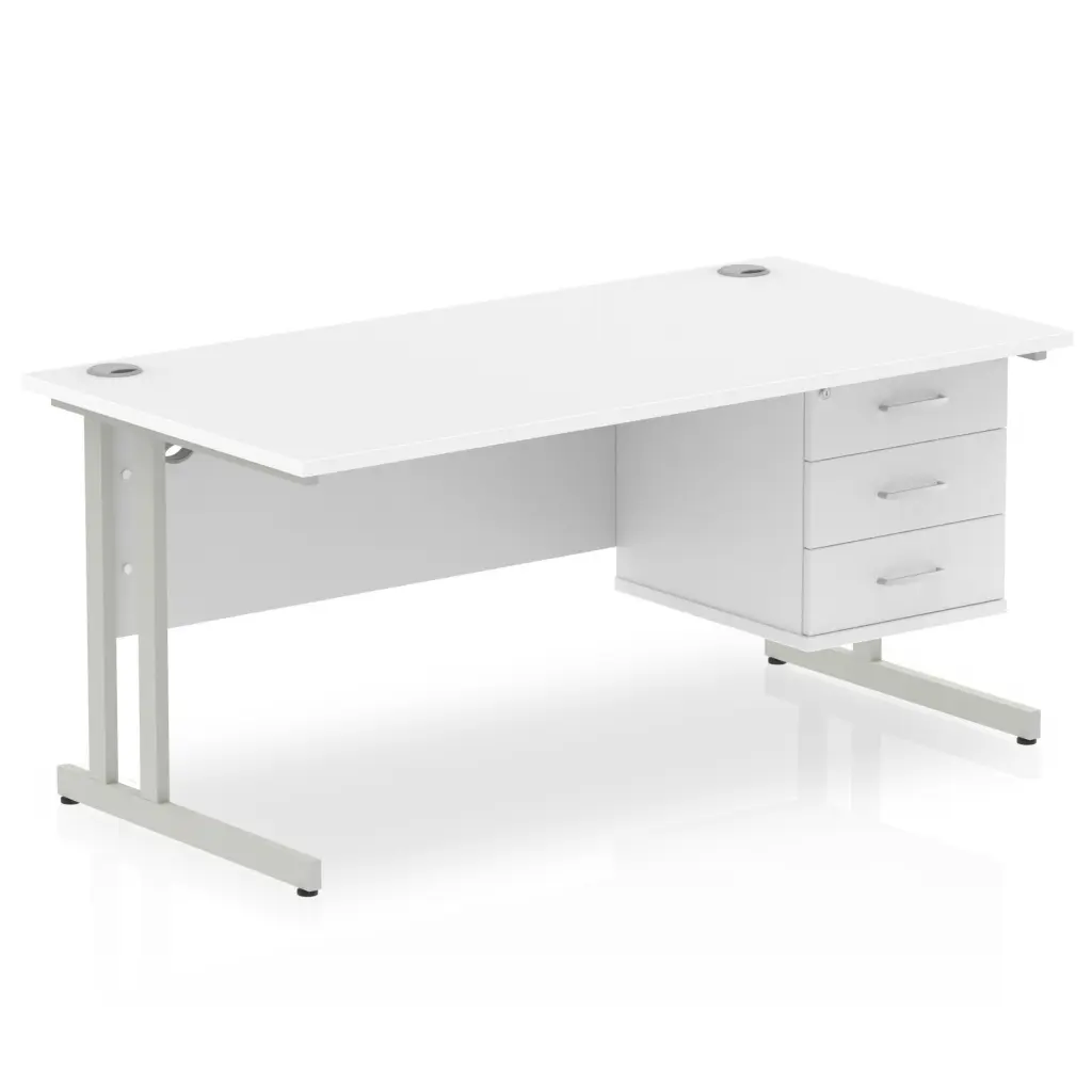 Dynamic Impulse W1600 x D800 x H730mm Straight Office Desk Cantilever Leg With 1 x 3 Drawer Single Fixed Pedestal White Finish Silver Frame - MI002215