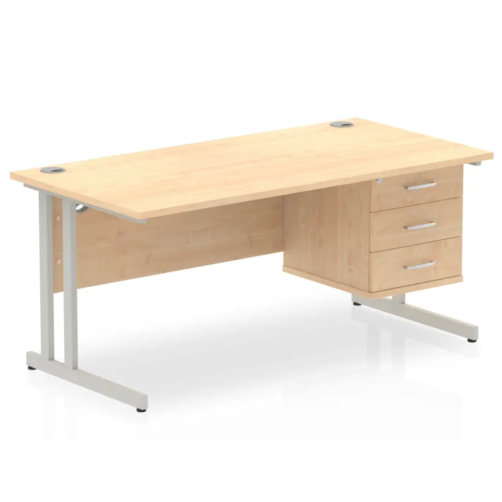 Dynamic Impulse W1600 x D800 x H730mm Straight Office Desk Cantilever Leg With 1 x 3 Drawer Single Fixed Pedestal Maple Finish Silver Frame - MI002441