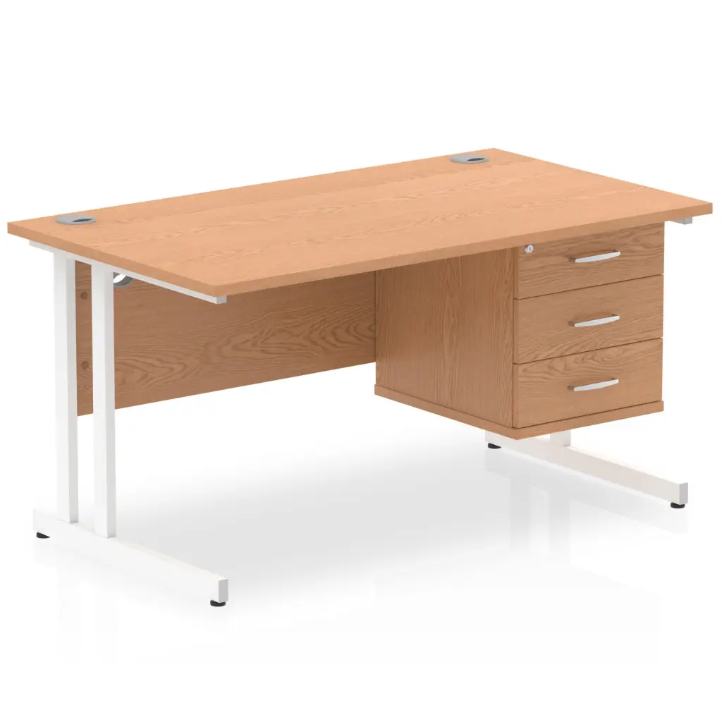 Dynamic Impulse W1400 x D800 x H730mm Straight Office Desk Cantilever Leg With 1 x 3 Drawer Single Fixed Pedestal Oak Finish White Frame - MI002670