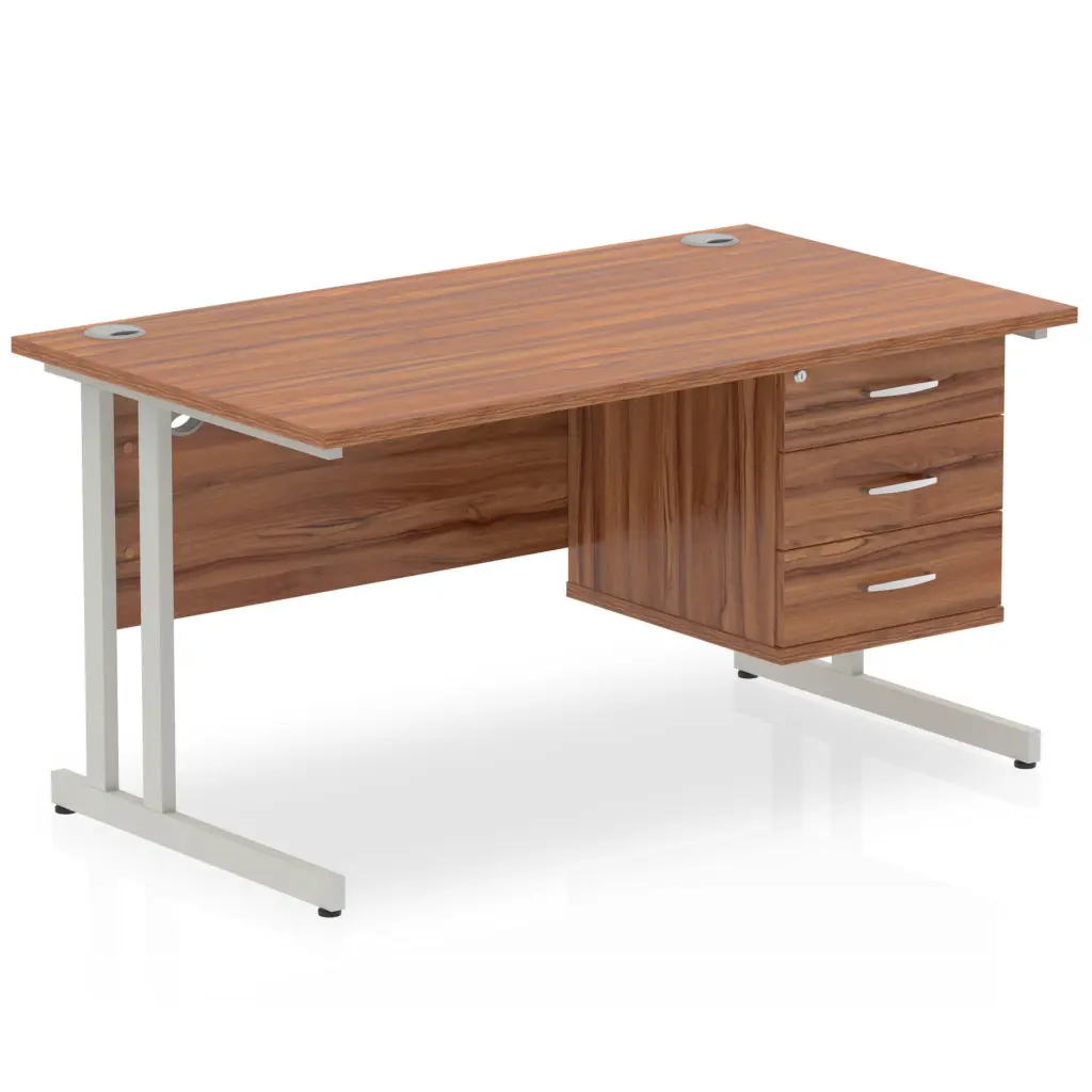 Dynamic Impulse W1400 x D800 x H730mm Straight Office Desk Cantilever Leg With 1x3 Drawer Single Fixed Pedestal Walnut Finish Silver Frame - MI001928