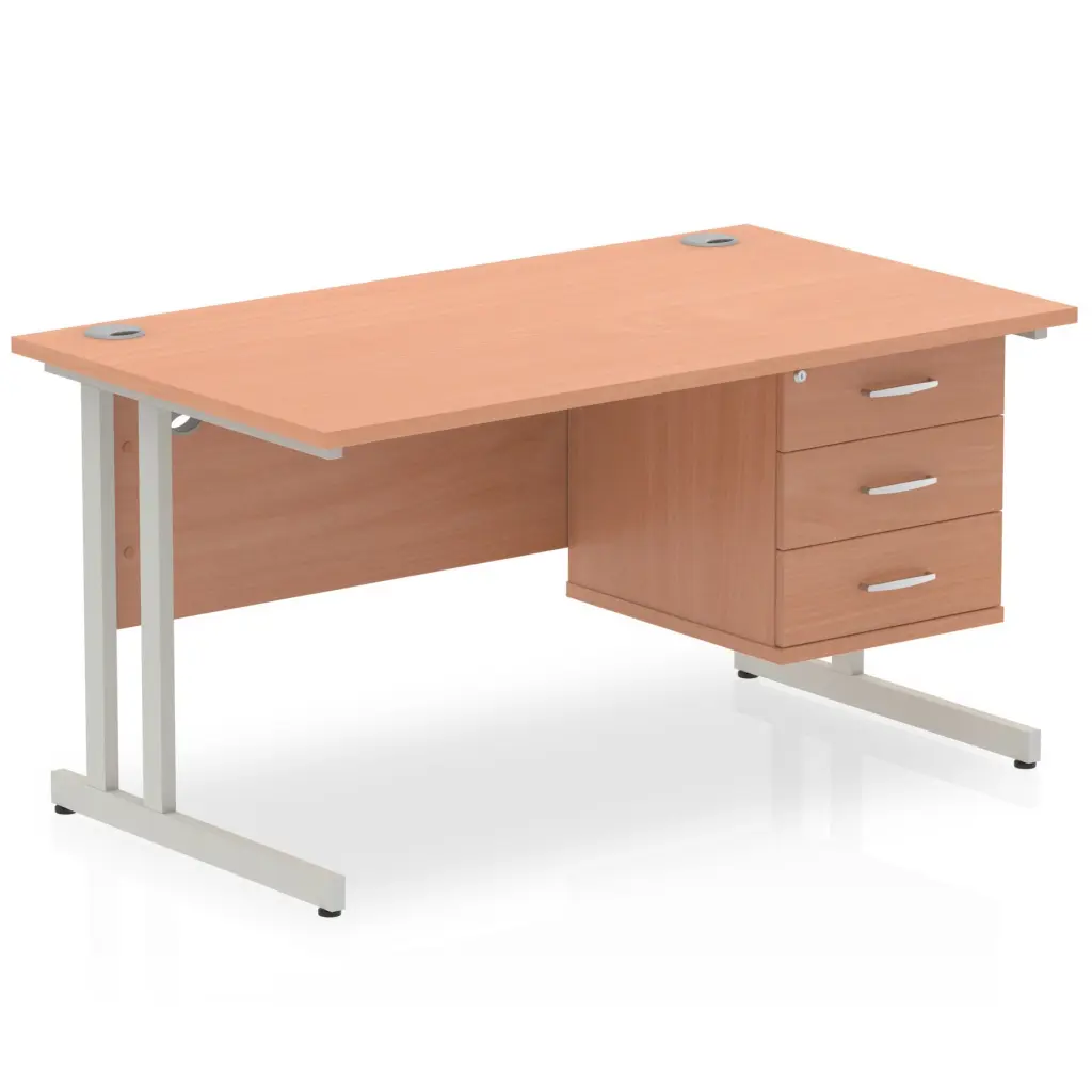 Dynamic Impulse W1400 x D800 x H730mm Straight Office Desk Cantilever Leg With 1 x 3 Drawer Single Fixed Pedestal Beech Finish Silver Frame - MI001697