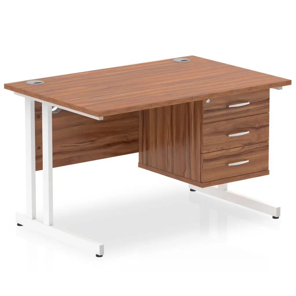 Dynamic Impulse W1200 x D800 x H730mm Straight Office Desk Cantilever Leg With 1 x 3 Drawer Single Fixed Pedestal Walnut Finish White Frame - MI001931