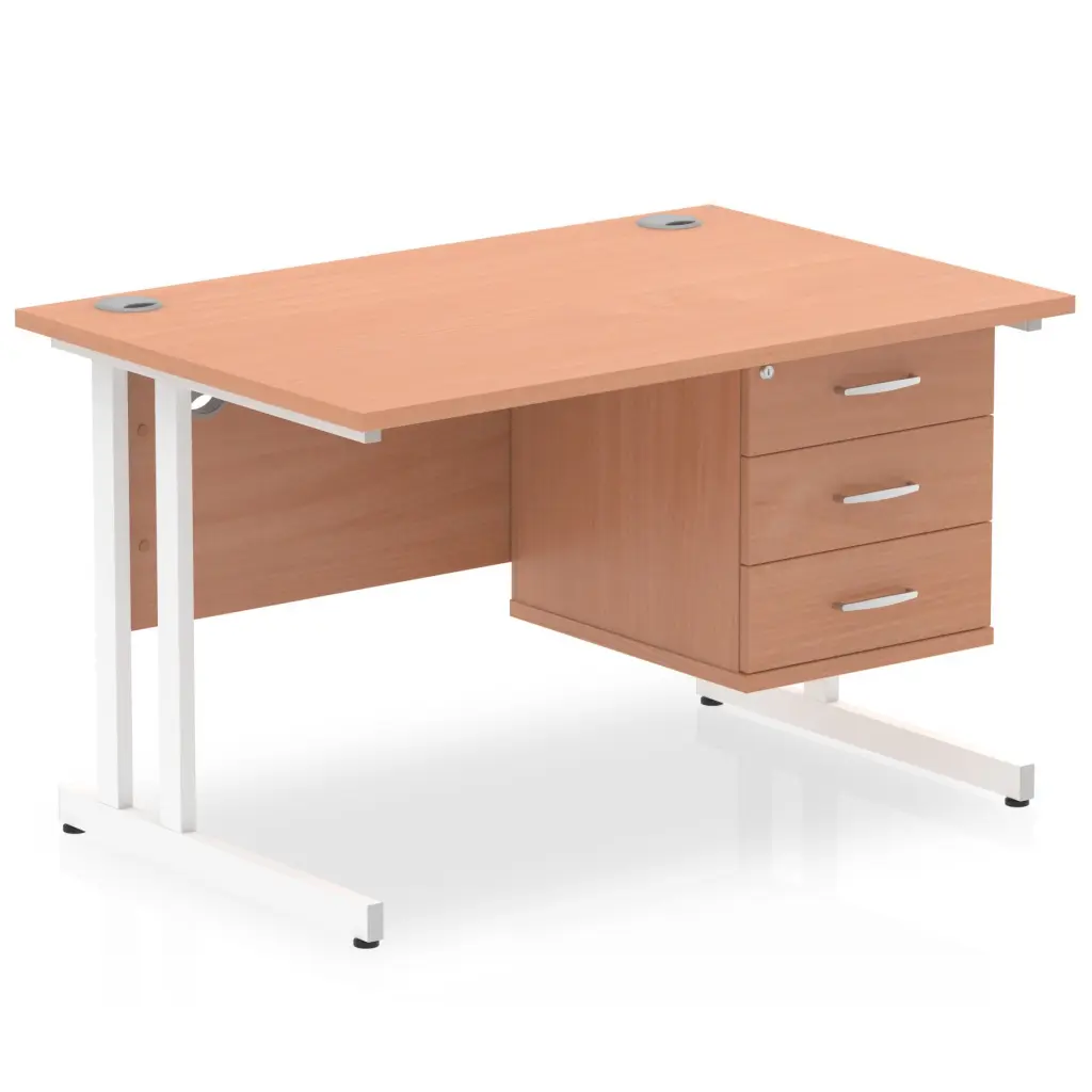 Dynamic Impulse W1200 x D800 x H730mm Straight Office Desk Cantilever Leg With 1 x 3 Drawer Single Fixed Pedestal Beech Finish White Frame - MI001700