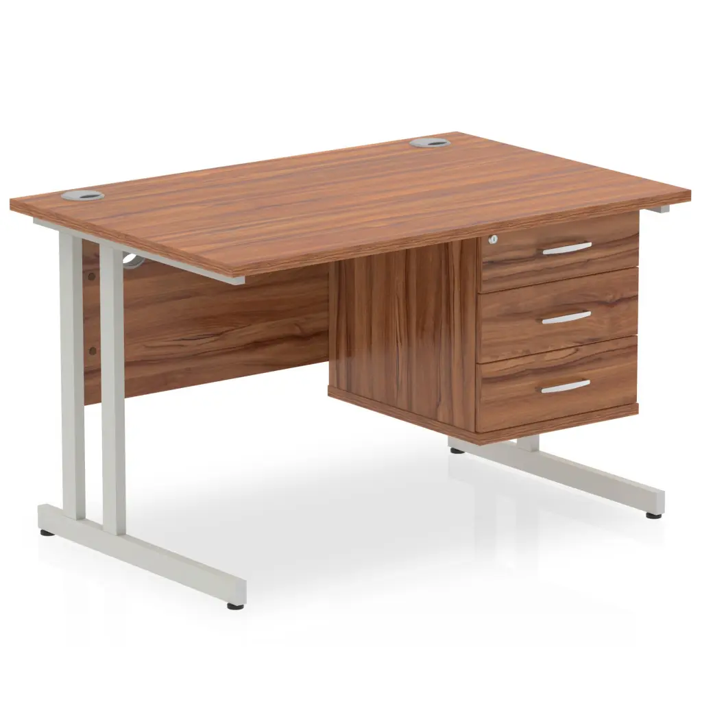 Dynamic Impulse W1200 x D800 x H730mm Straight Office Desk Cantilever Leg With 1x3 Drawer Single Fixed Pedestal Walnut Finish Silver Frame - MI001927