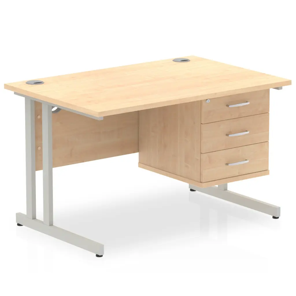 Dynamic Impulse W1200 x D800 x H730mm Straight Office Desk Cantilever Leg With 1 x 3 Drawer Single Fixed Pedestal Maple Finish Silver Frame - MI002439