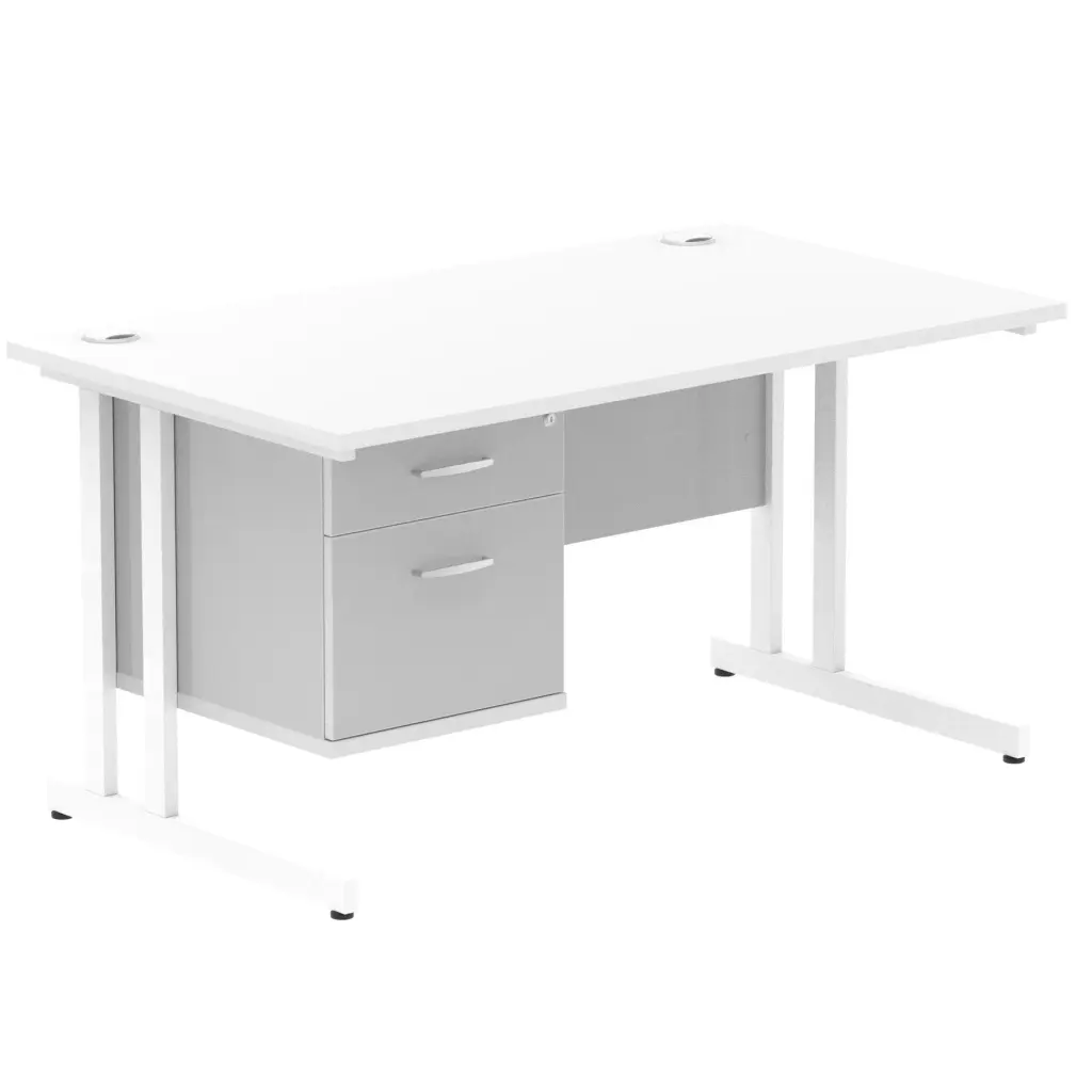 Dynamic Impulse W1400 x D800 x H730mm Straight Office Desk Cantilever Leg With 1 x 2 Drawer Single Fixed Pedestal White Finish White Frame - MI002210