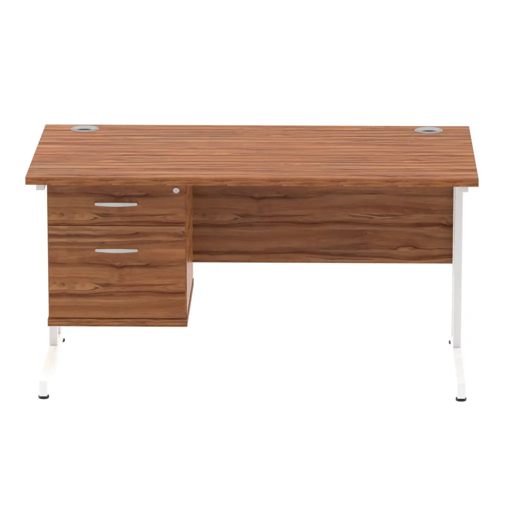 Dynamic Impulse W1400 x D800 x H730mm Straight Office Desk Cantilever Leg With 1 x 2 Drawer Single Fixed Pedestal Walnut Finish White Frame - MI001924