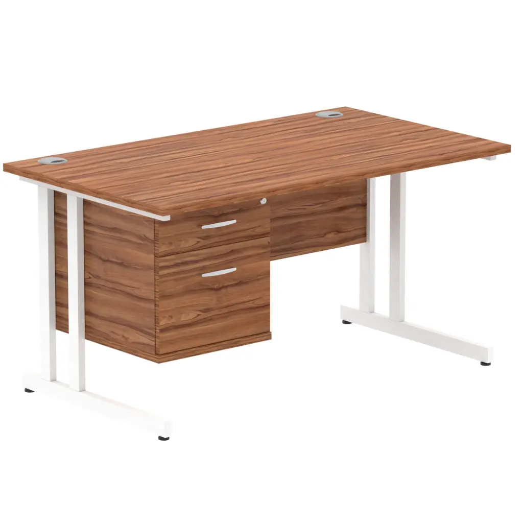 Dynamic Impulse W1400 x D800 x H730mm Straight Office Desk Cantilever Leg With 1 x 2 Drawer Single Fixed Pedestal Walnut Finish White Frame - MI001924