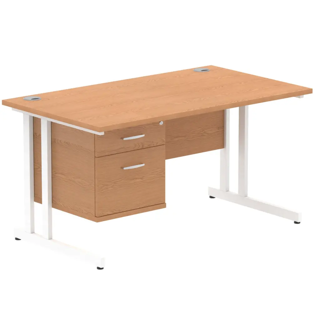 Dynamic Impulse W1400 x D800 x H730mm Straight Office Desk Cantilever Leg With 1 x 2 Drawer Single Fixed Pedestal Oak Finish White Frame - MI002662