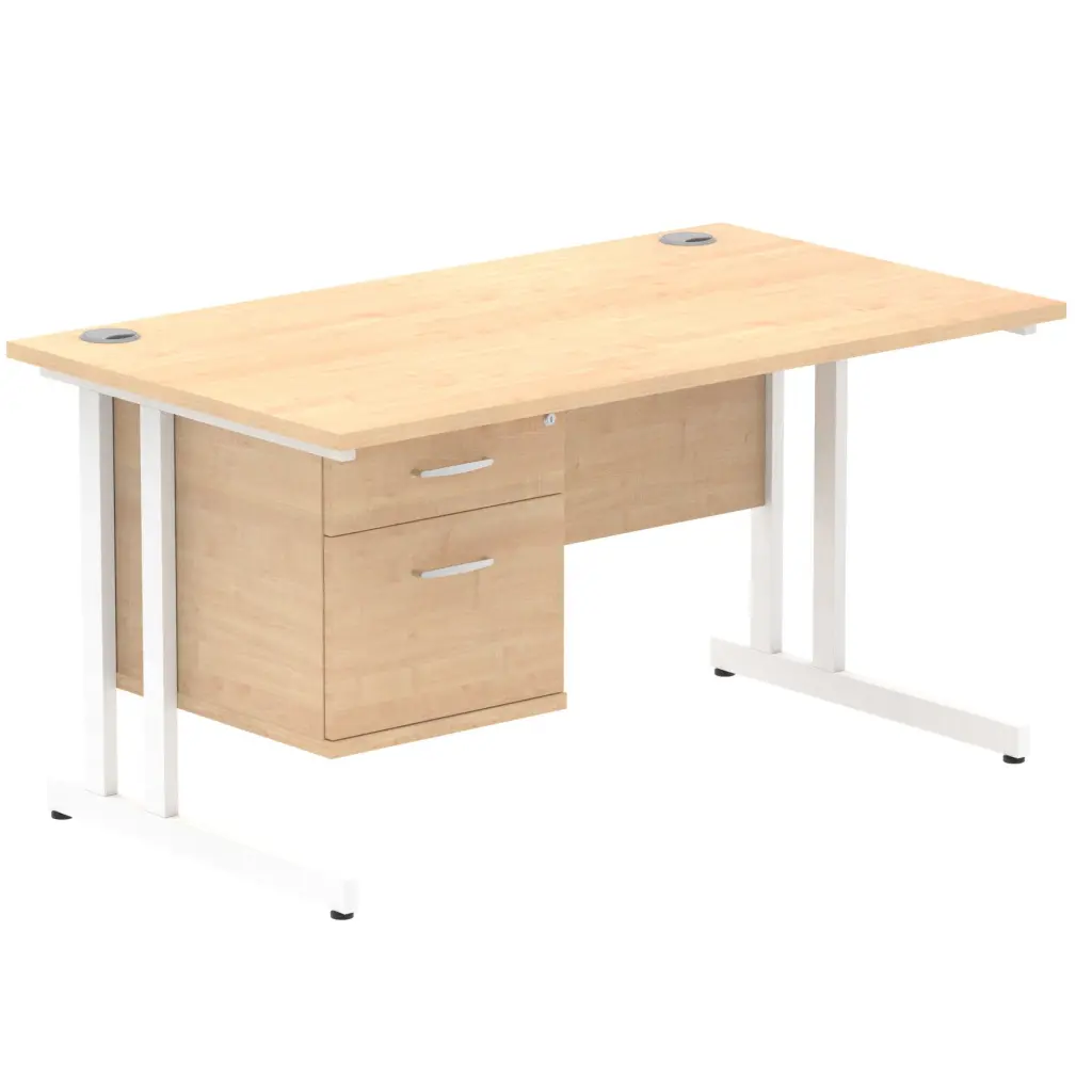 Dynamic Impulse W1400 x D800 x H730mm Straight Office Desk Cantilever Leg With 1 x 2 Drawer Single Fixed Pedestal Maple Finish White Frame - MI002436