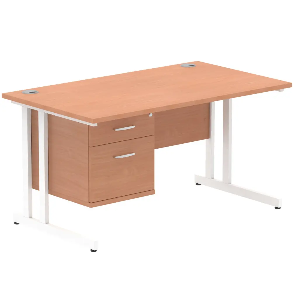 Dynamic Impulse W1400 x D800 x H730mm Straight Office Desk Cantilever Leg With 1 x 2 Drawer Single Fixed Pedestal Beech Finish White Frame - MI001693