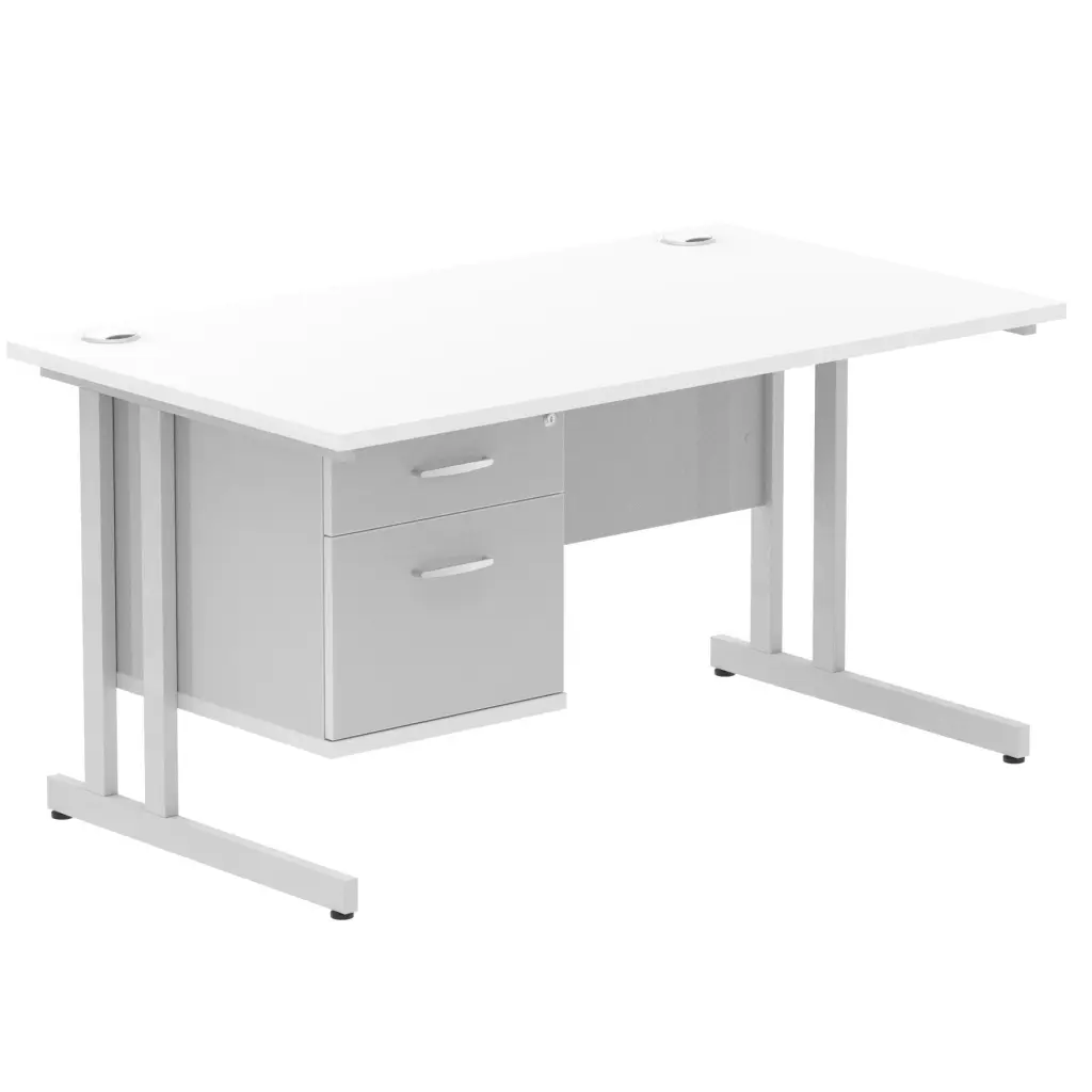 Dynamic Impulse W1400 x D800 x H730mm Straight Office Desk Cantilever Leg With 1 x 2 Drawer Single Fixed Pedestal White Finish Silver Frame - MI002206