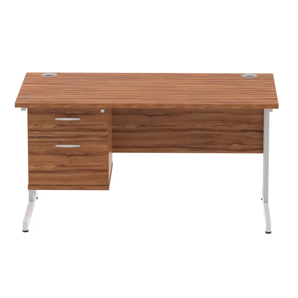 Dynamic Impulse W1400 x D800 x H730mm Straight Office Desk Cantilever Leg With 1x2 Drawer Single Fixed Pedestal Walnut Finish Silver Frame - MI001920