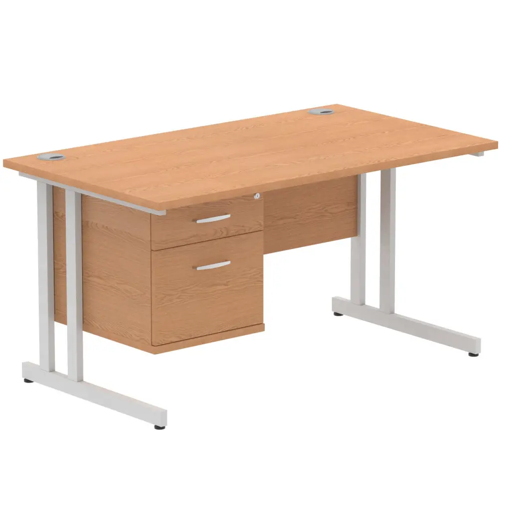 Dynamic Impulse W1400 x D800 x H730mm Straight Office Desk Cantilever Leg With 1 x 2 Drawer Single Fixed Pedestal Oak Finish Silver Frame - MI002658