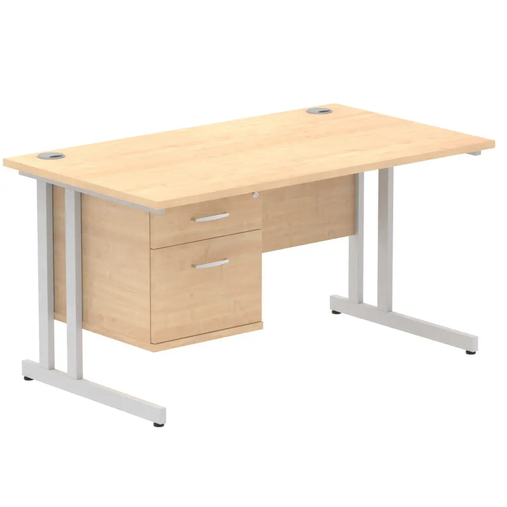 Dynamic Impulse W1400 x D800 x H730mm Straight Office Desk Cantilever Leg With 1 x 2 Drawer Single Fixed Pedestal Maple Finish Silver Frame - MI002432