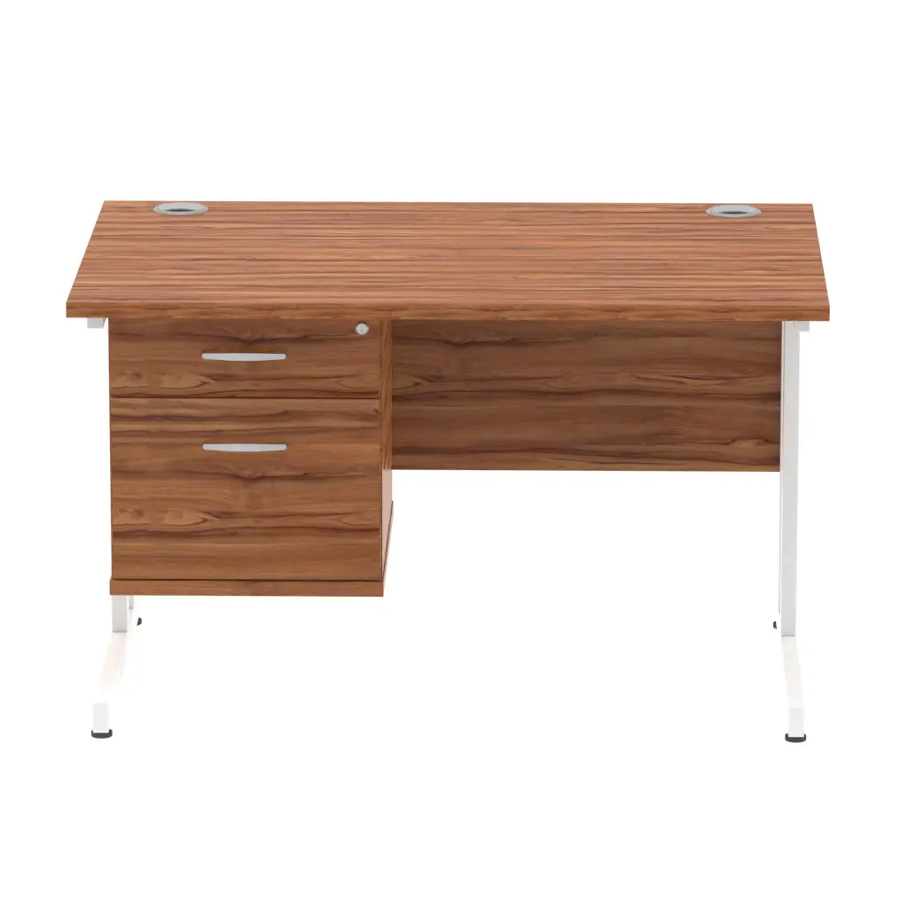 Dynamic Impulse W1200 x D800 x H730mm Straight Office Desk Cantilever Leg With 1 x 2 Drawer Single Fixed Pedestal Walnut Finish White Frame - MI001923