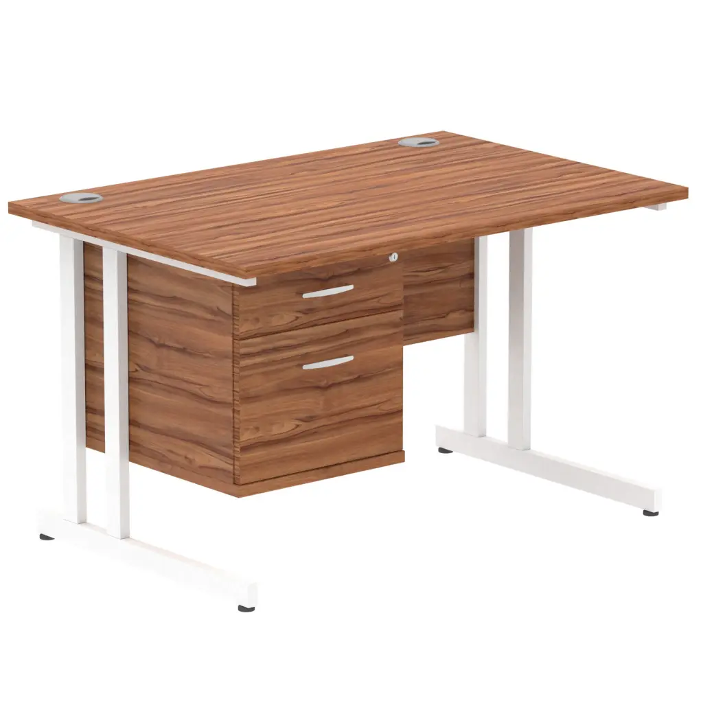 Dynamic Impulse W1200 x D800 x H730mm Straight Office Desk Cantilever Leg With 1 x 2 Drawer Single Fixed Pedestal Walnut Finish White Frame - MI001923