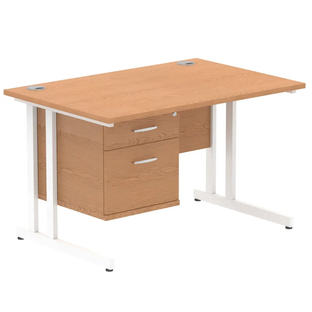 Dynamic Impulse W1200 x D800 x H730mm Straight Office Desk Cantilever Leg With 1 x 2 Drawer Single Fixed Pedestal Oak Finish White Frame - MI002661