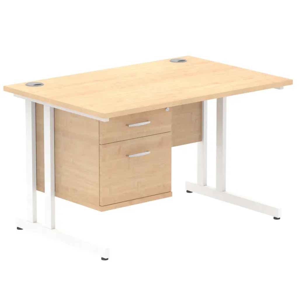 Dynamic Impulse W1200 x D800 x H730mm Straight Office Desk Cantilever Leg With 1 x 2 Drawer Single Fixed Pedestal Maple Finish White Frame - MI002435