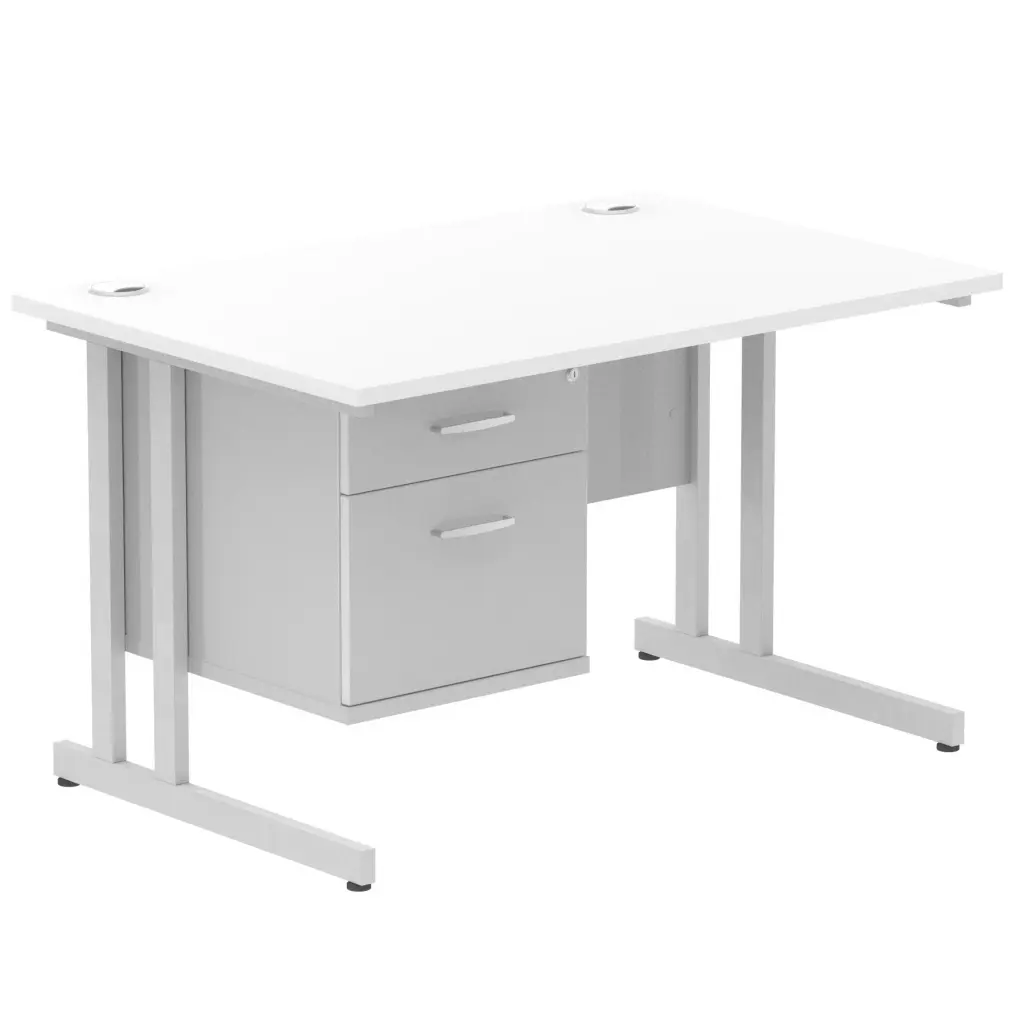 Dynamic Impulse W1200 x D800 x H730mm Straight Office Desk Cantilever Leg With 1 x 2 Drawer Single Fixed Pedestal White Finish Silver Frame - MI002205