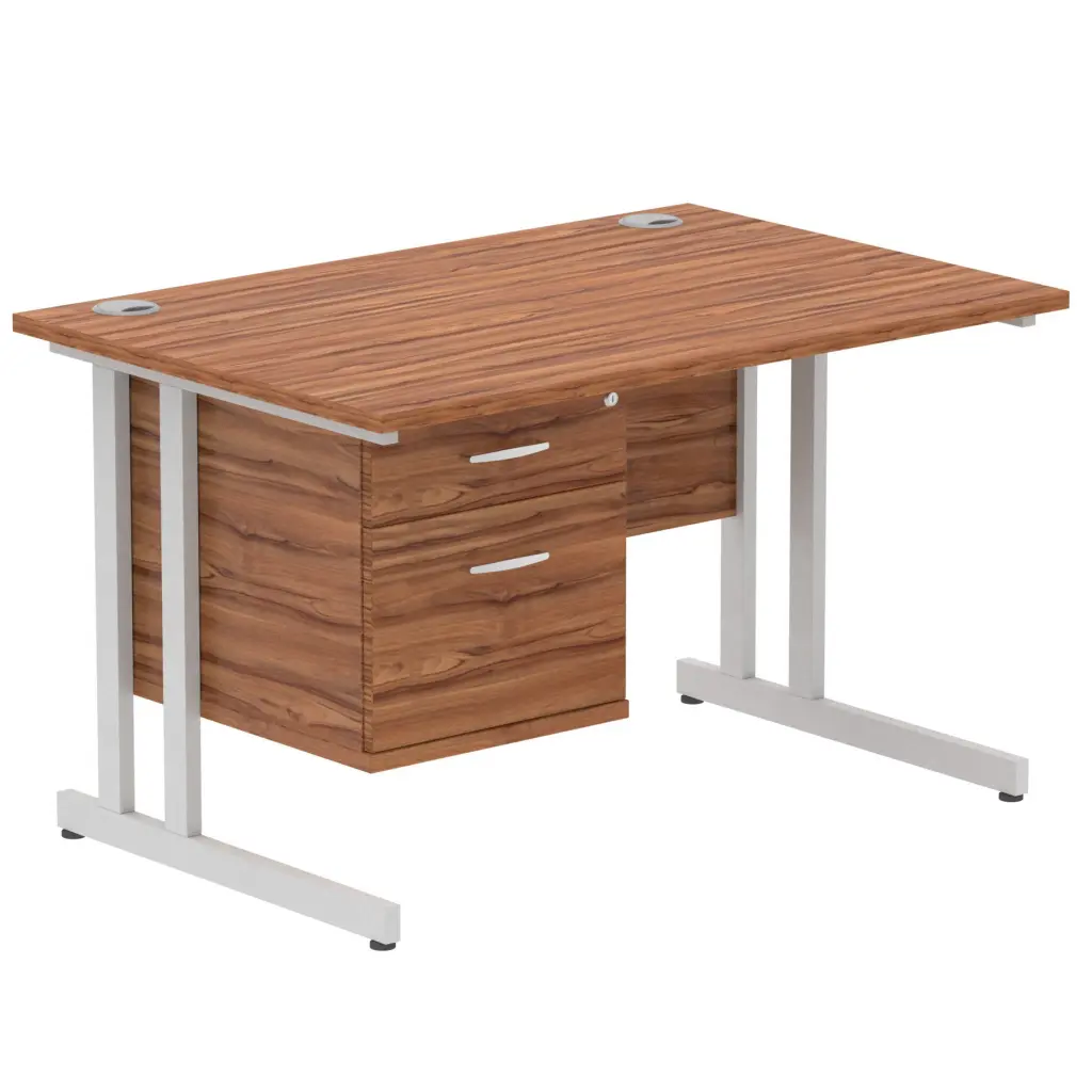 Dynamic Impulse W1200 x D800 x H730mm Straight Office Desk Cantilever Leg With 1x2 Drawer Single Fixed Pedestal Walnut Finish Silver Frame - MI001919