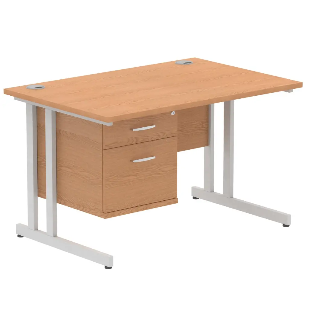 Dynamic Impulse W1200 x D800 x H730mm Straight Office Desk Cantilever Leg With 1 x 2 Drawer Single Fixed Pedestal Oak Finish Silver Frame - MI002657