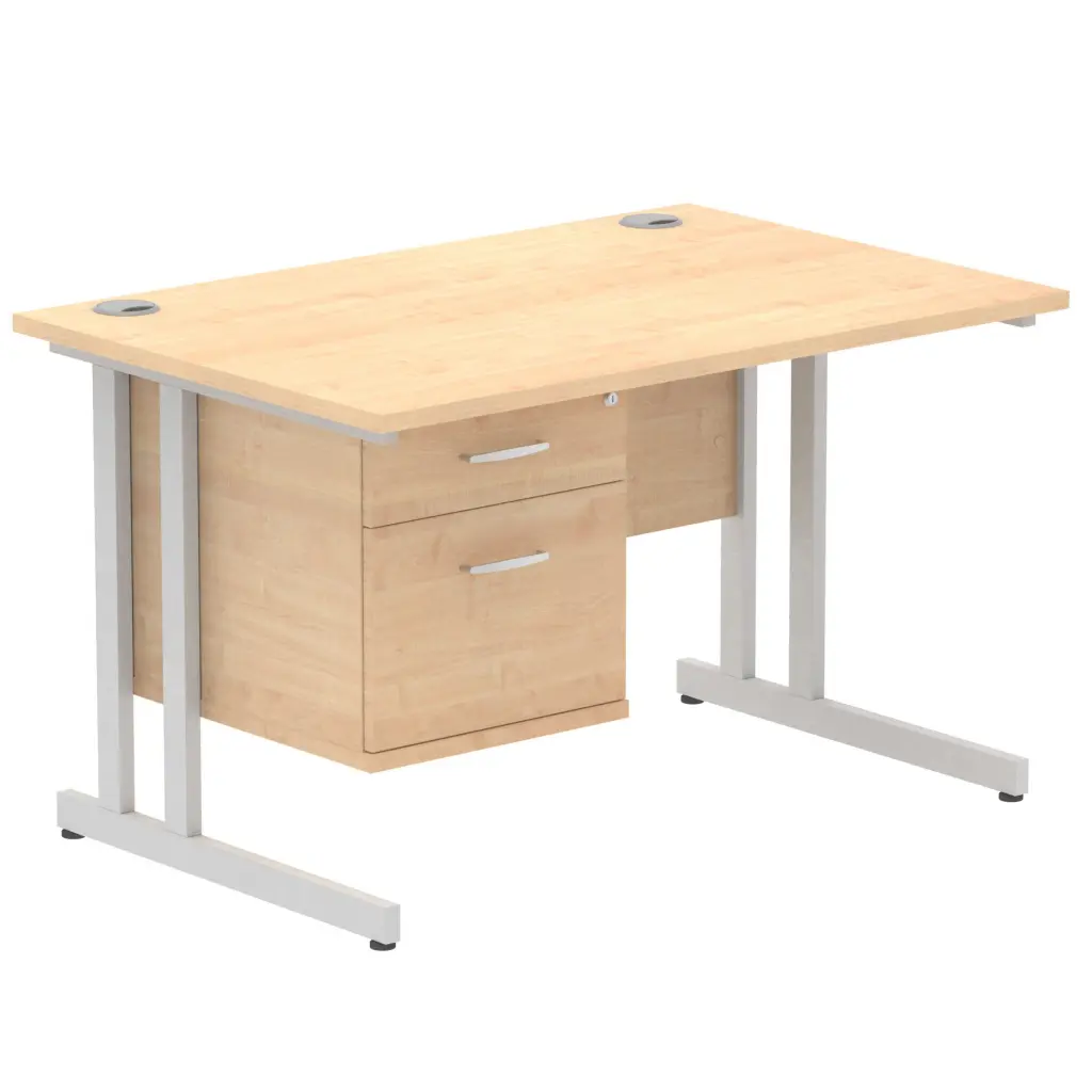 Dynamic Impulse W1200 x D800 x H730mm Straight Office Desk Cantilever Leg With 1 x 2 Drawer Single Fixed Pedestal Maple Finish Silver Frame - MI002431