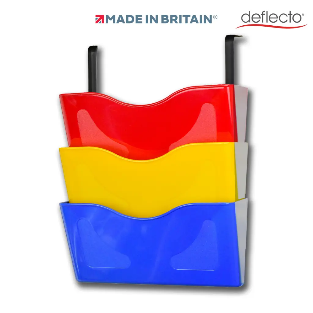 Deflecto 3 x A4 Landscape Wall Pocket Literature File with Hanging Bracket Red/Yellow/Blue - CP077YTRYB