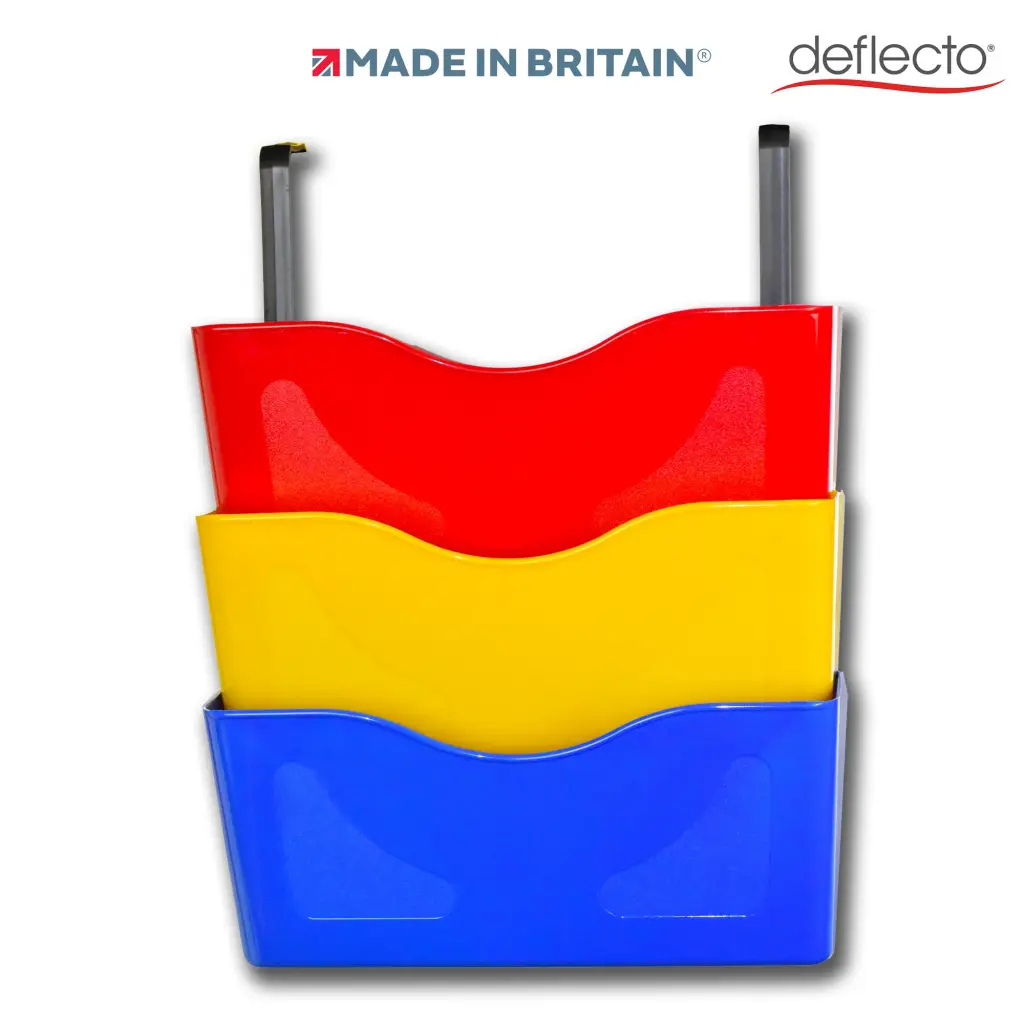 Deflecto 3 x A4 Landscape Wall Pocket Literature File with Hanging Bracket Red/Yellow/Blue - CP077YTRYB