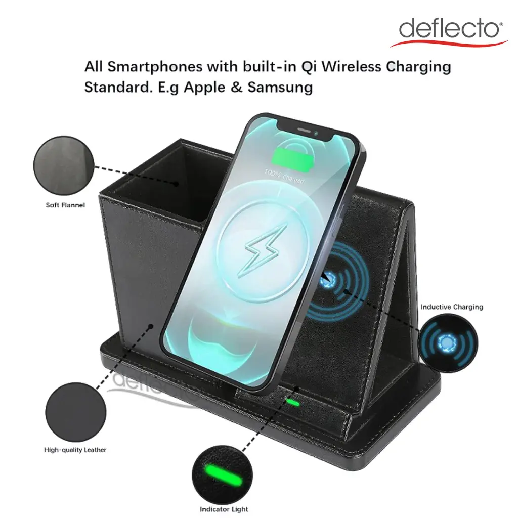 Deflecto Wireless Charging Desk Organiser/Pen Holder Black - WC103DEBLK