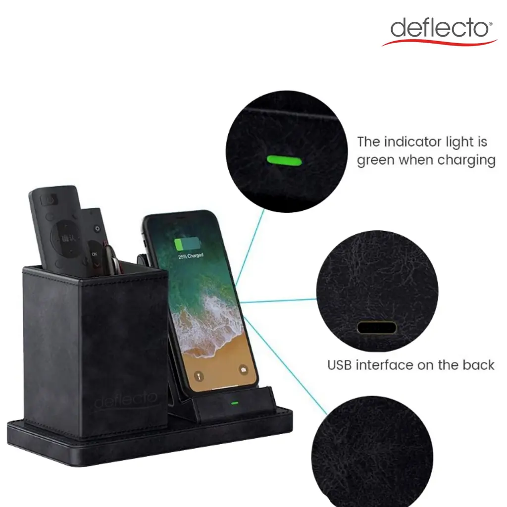 Deflecto Wireless Charging Desk Organiser/Pen Holder Black - WC103DEBLK