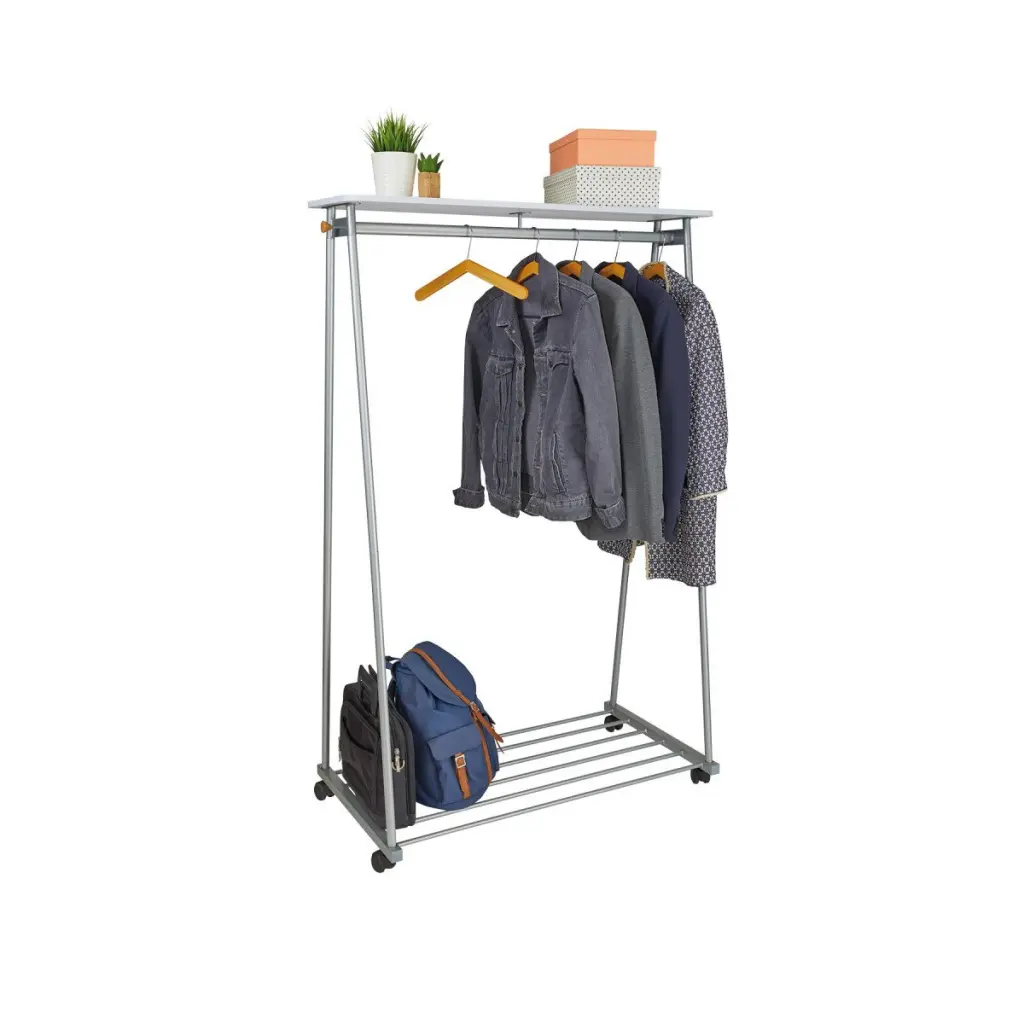 Alba Oslo Mobile Garment Rack Silver Grey and White Wood - Supplied With 6 Hangers - PMOSLO